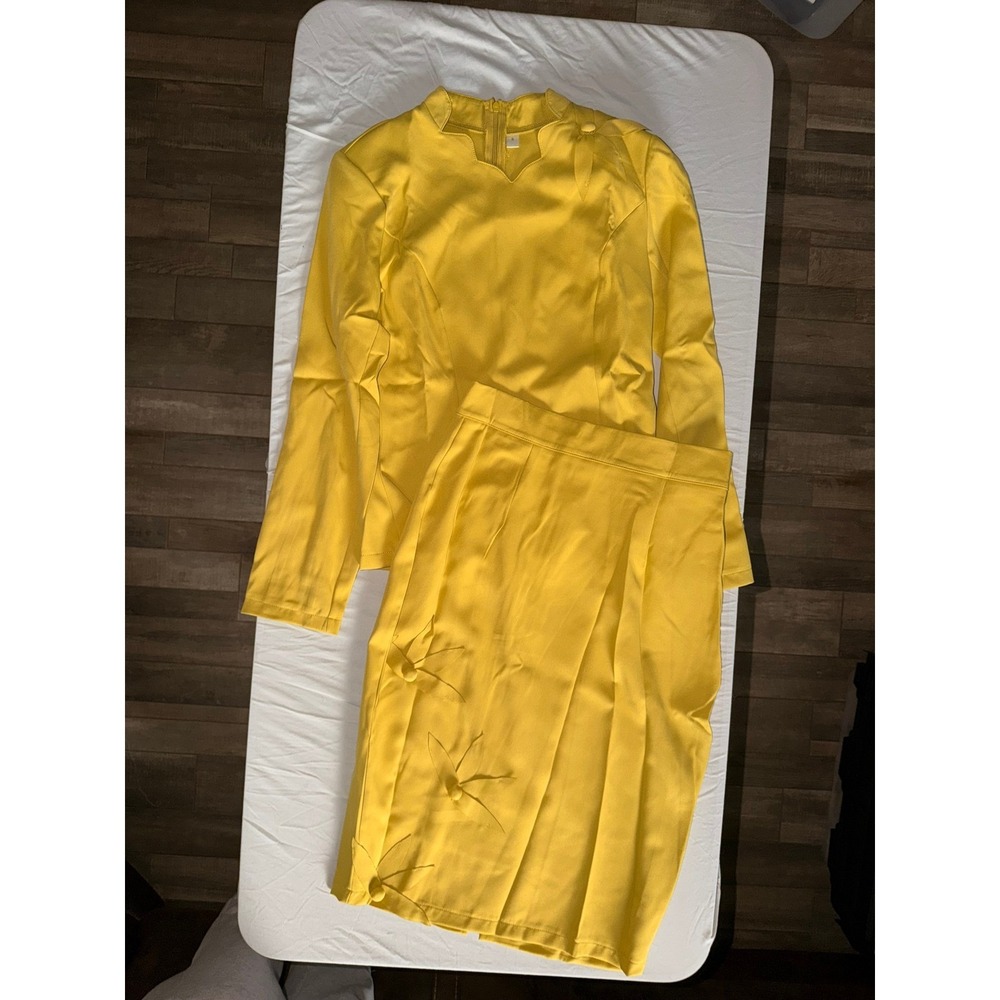 Vintage Style Yellow‎ Skirt Suit Set Long Sleeve Bow Detail Pencil Skirt Small
